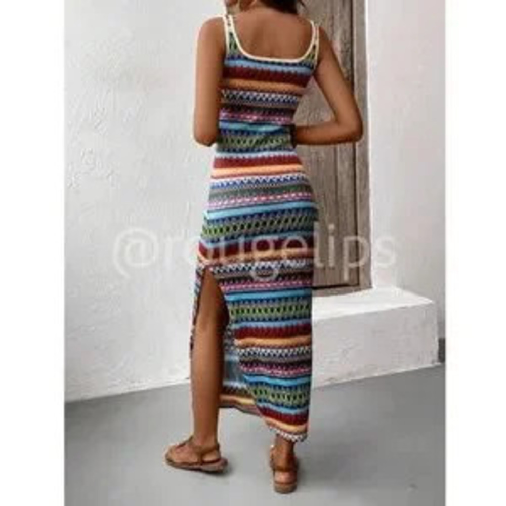 Knit Striped Tank Dress Side Leg Slit Long Ribbed Multicolor Long Slim - Picture 3 of 4